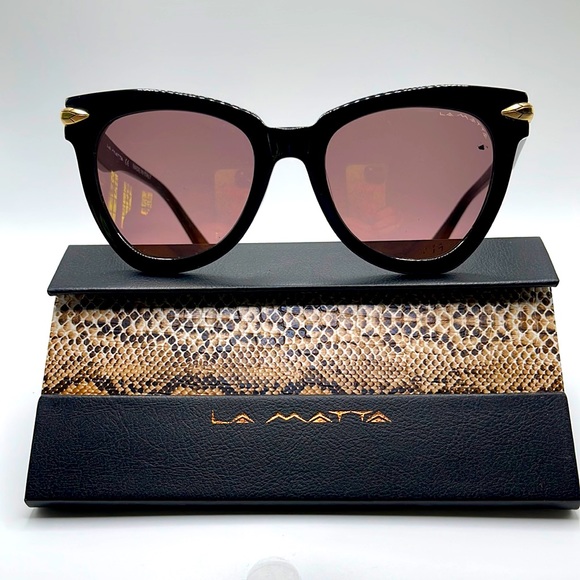 NWOT. La Matta sunglasses. Black frames with gold accents and gold lenses. - Picture 1 of 6